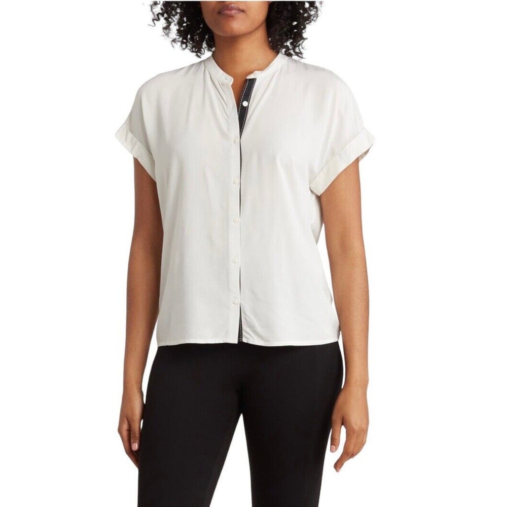 NWT DR2 Women’s White Short Sleeve Button Up Blouse Size Medium M Top Shirt NEW